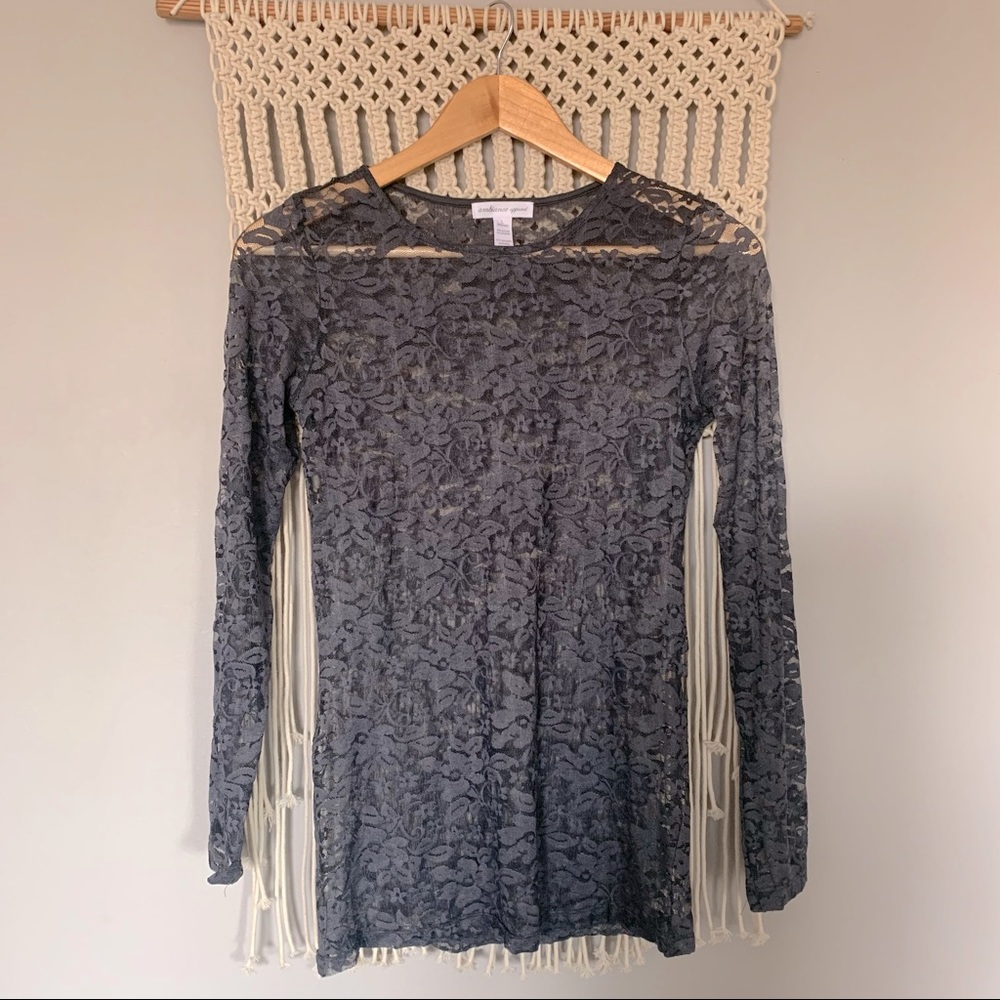 Ambiance Steel Grey Floral Lace Mesh Sheer Shirt